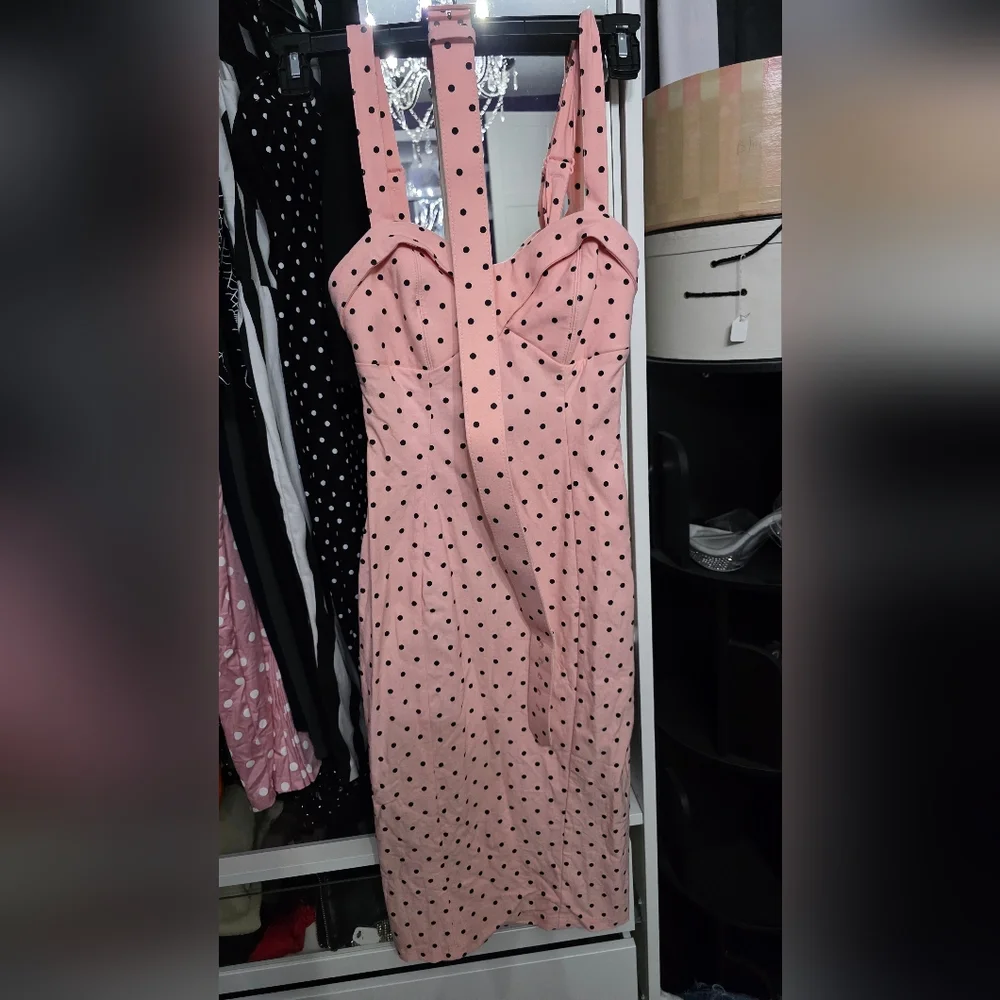 Vixen by Micheline Pitt Pink Polka Dot Midi Dress with Belt - Picture 3 of 7